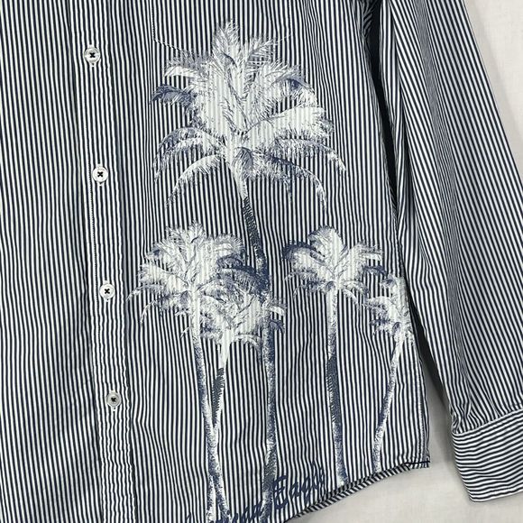 American Eagle Shirt Mens Sz L Palm Tree Button Up Blue Stripe Long Sleeve - Picture 9 of 14